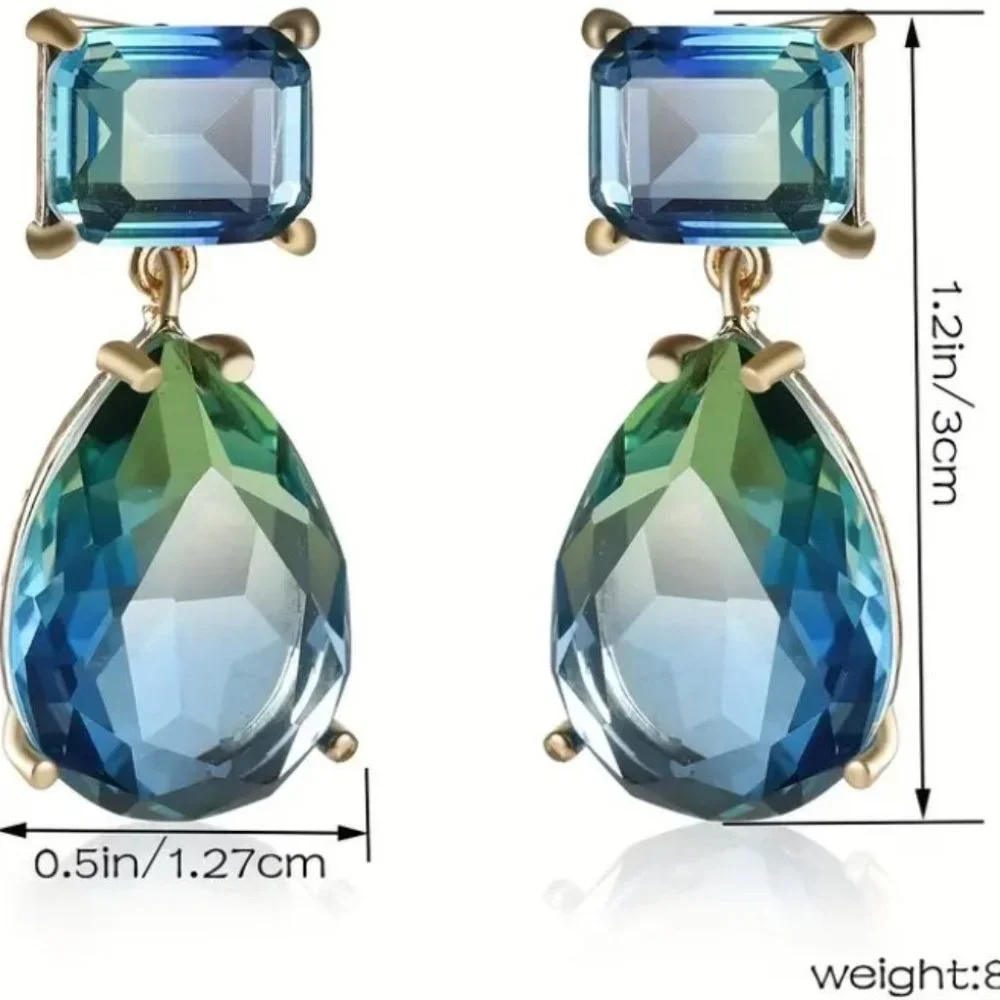 Green Blue Gradient Crystal Waterdrop Dangle Earrings Elegant Statement Jewelry - Picture 11 of 11